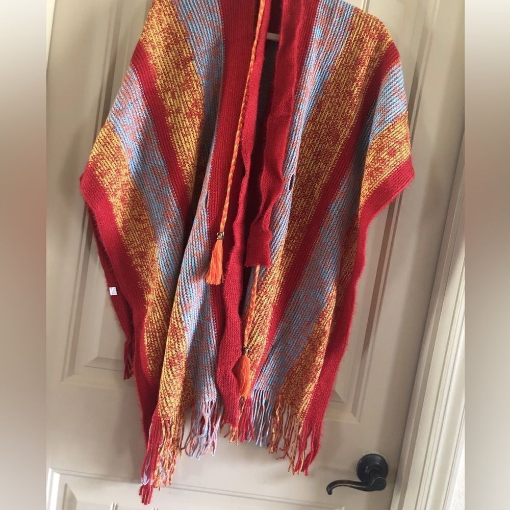 Red Multi color 2-Way Wear Fringe Sweater Wrap or Cardigan